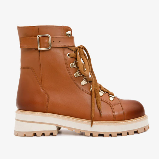 The Belgrano Tan Leather Lace-Up Ankle Women Boot With a Side Zipper
