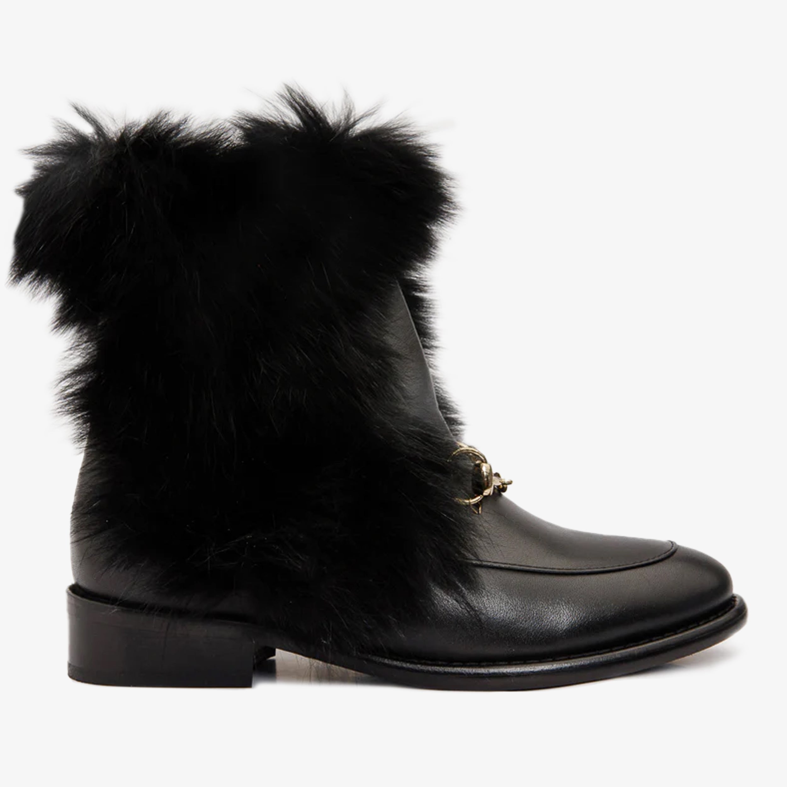 The Izmir Black Leather Natural Fur Mid Calf Women Boot