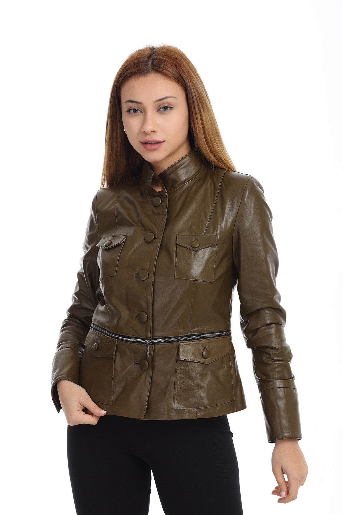 Chaqueta de cuero color caqui para mujer Shunk Pyhtn 