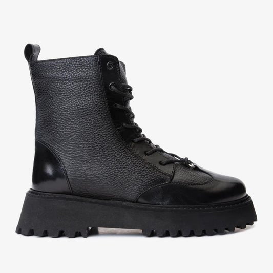 The Yildiz Black Leather Lace-Up Ankle Women  Boot With a Side Zipper