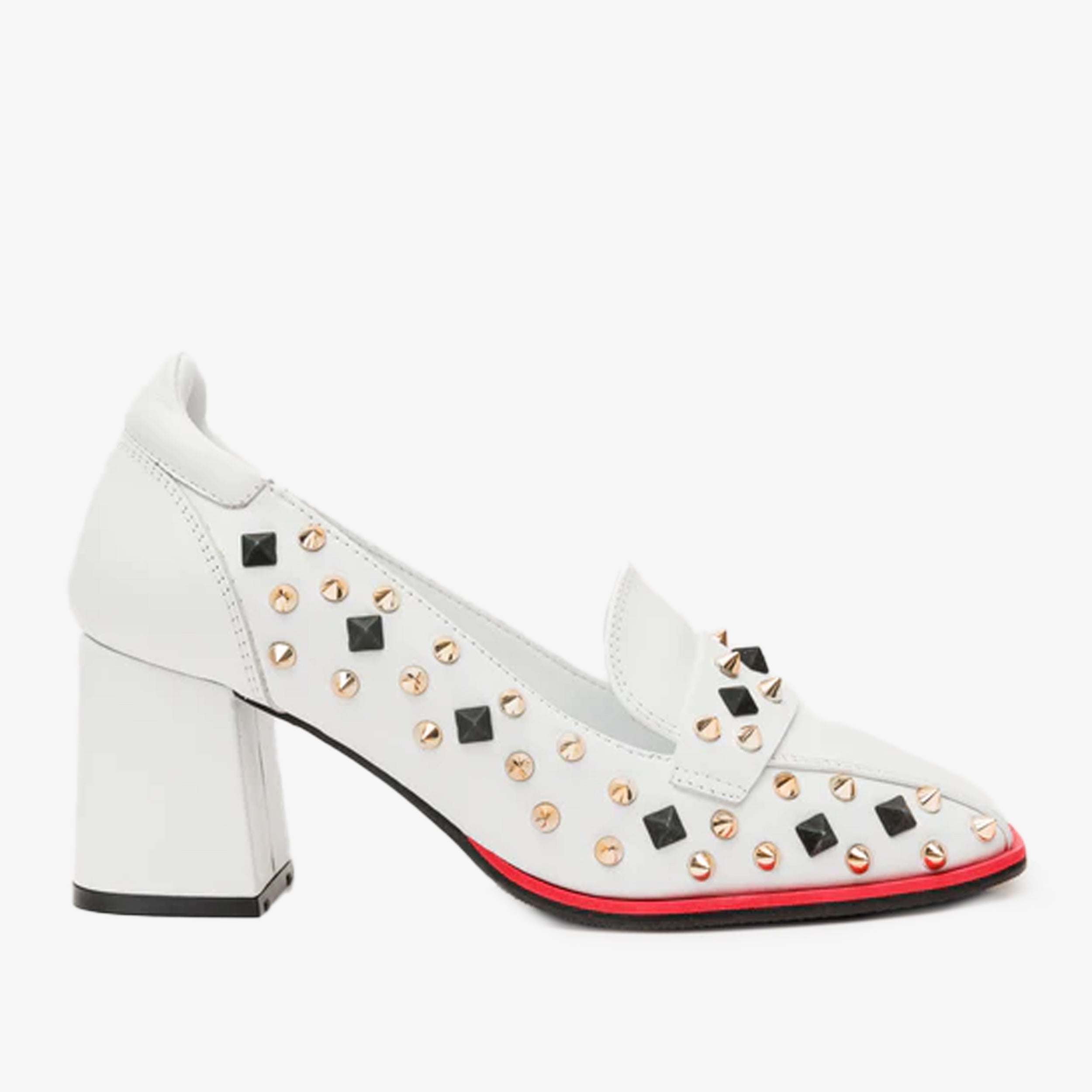 The Infanta White Spike Leather Block Heel Pump Women Shoe