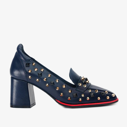 The Infanta Navy Blue Spike Leather Block Heel Pump Women Shoe