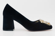 The California Black Suede Leather Block Heel Pump