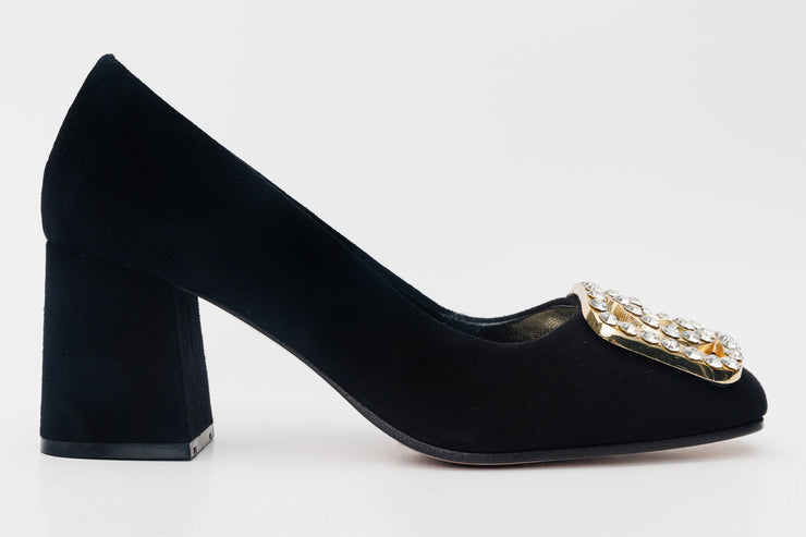 The California Black Suede Leather Block Heel Pump
