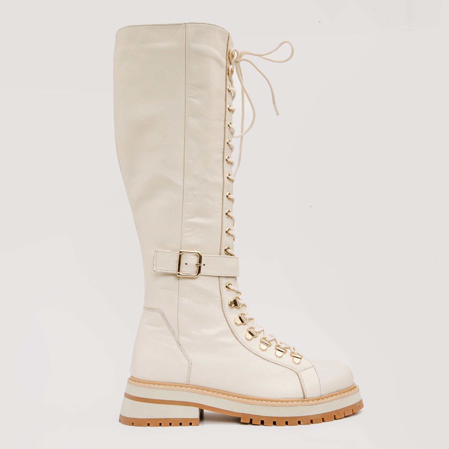 Bota hasta la rodilla con cordones de cuero color crema Istinye para mujer, edición limitada