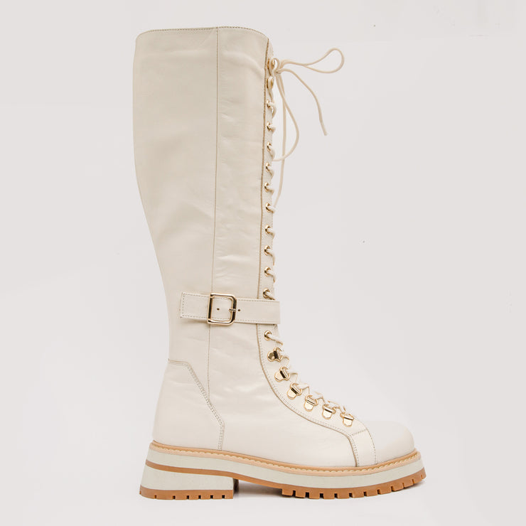 The Istinye Cream Leather Knee High Lace-Up Boot Limited Edition