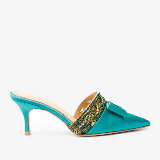 The Volga Green Leather Kitten Heel Pointy Toe Women Sandal