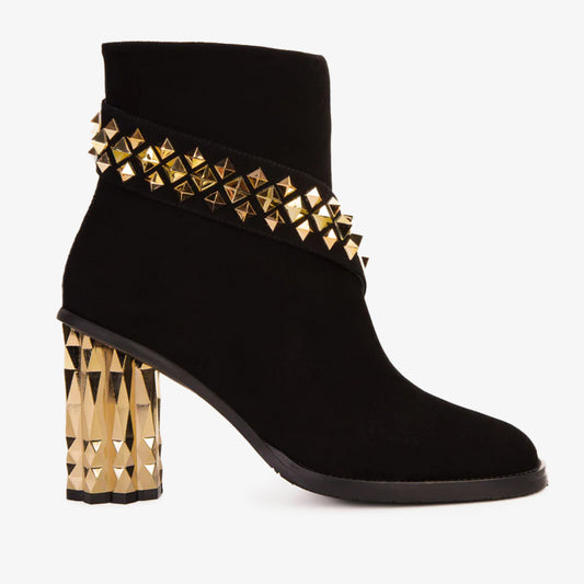The Metal Black Suede Leather Block Heel Women Boot