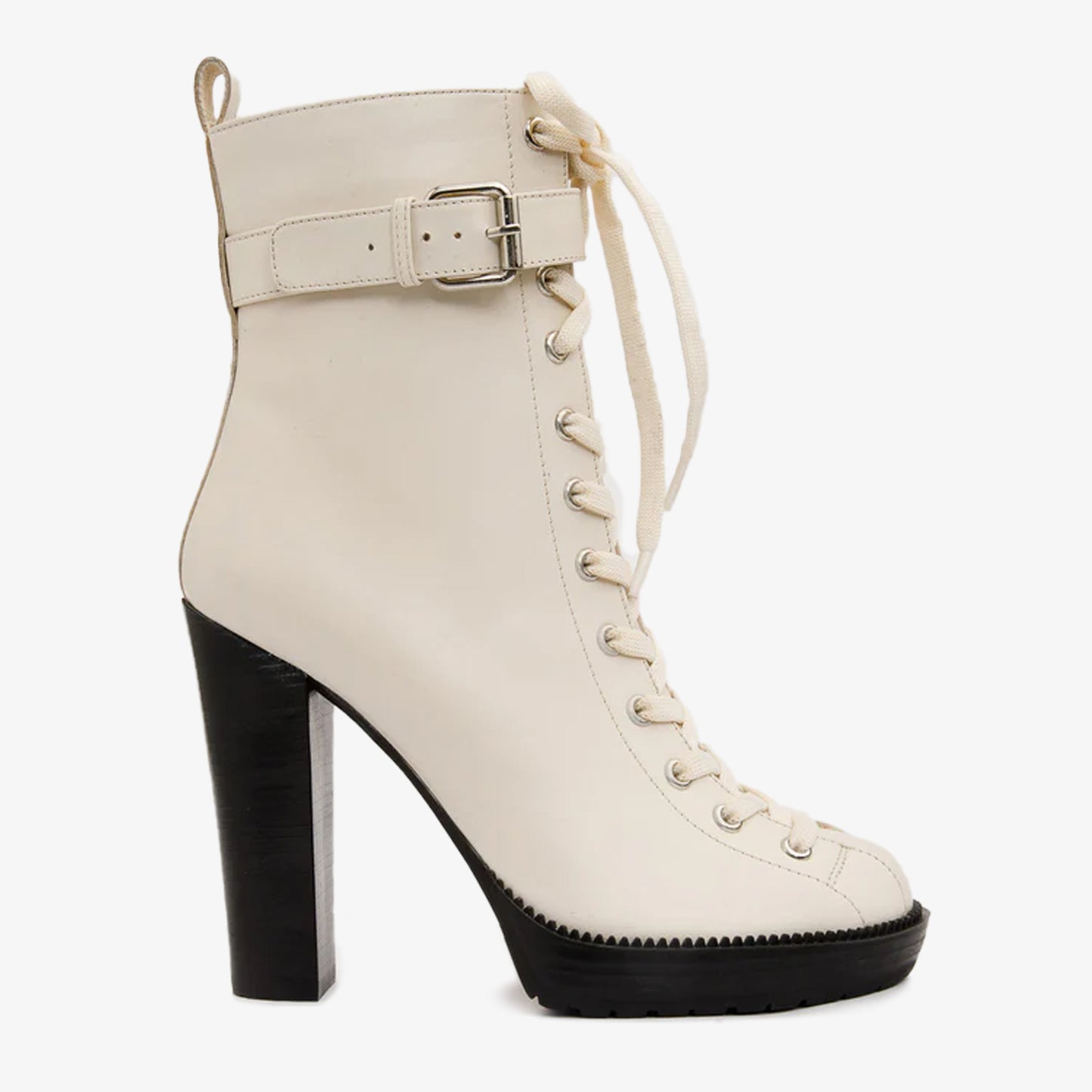 Bota de mujer de media pantorrilla con plataforma y cordones de cuero color crema Estrada