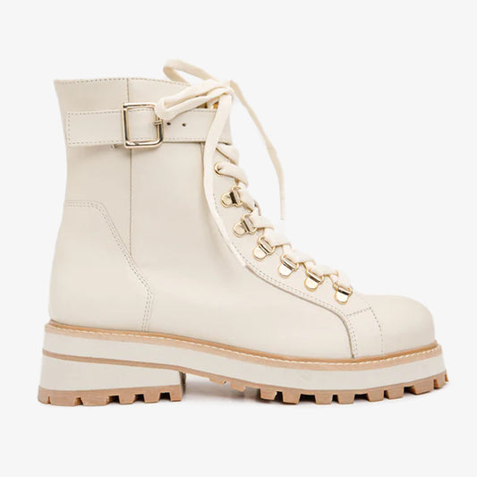 The Belgrano Cream Leather Lace-Up Ankle Women Boot With a Side Zipper