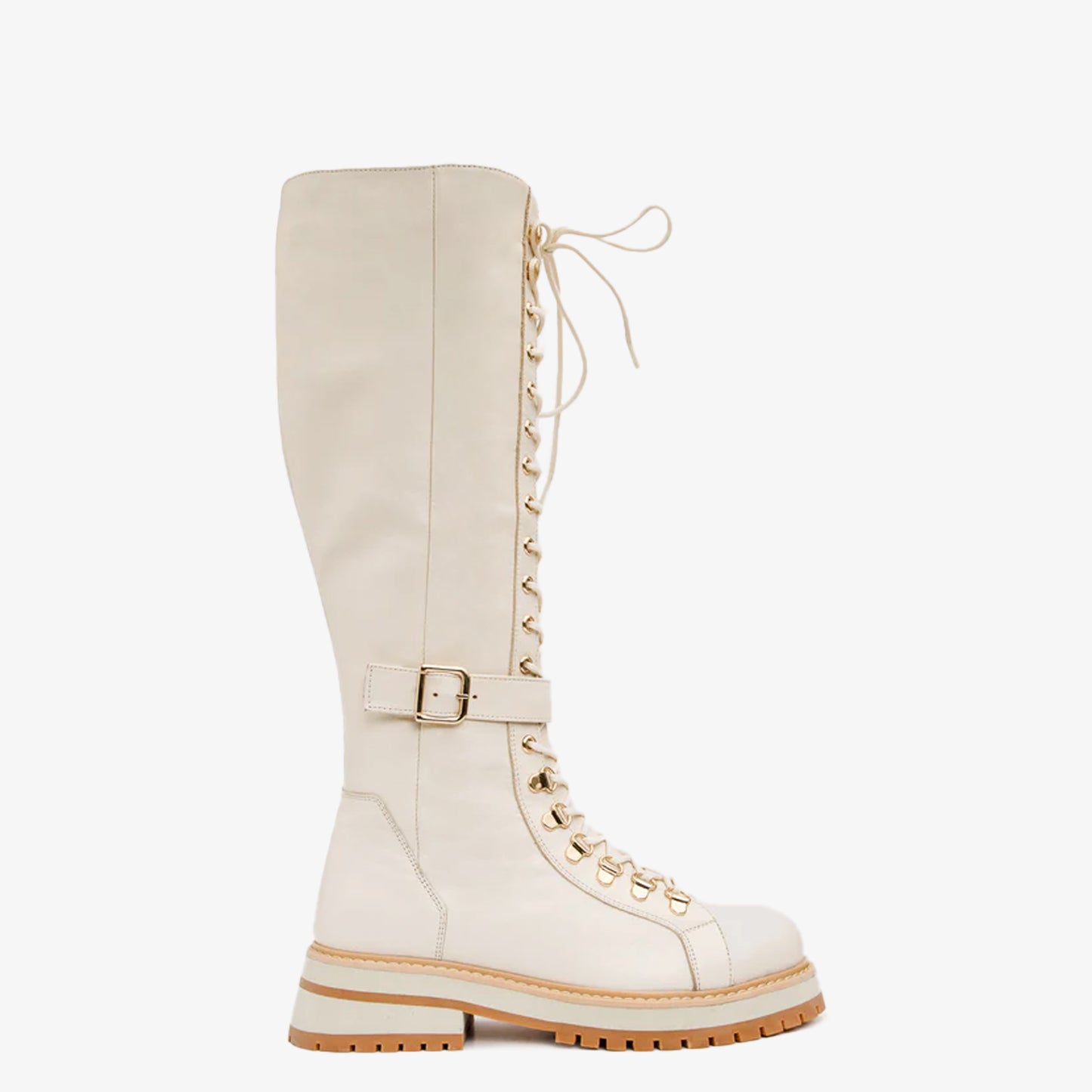 Bota hasta la rodilla con cordones de cuero color crema Istinye para mujer, edición limitada