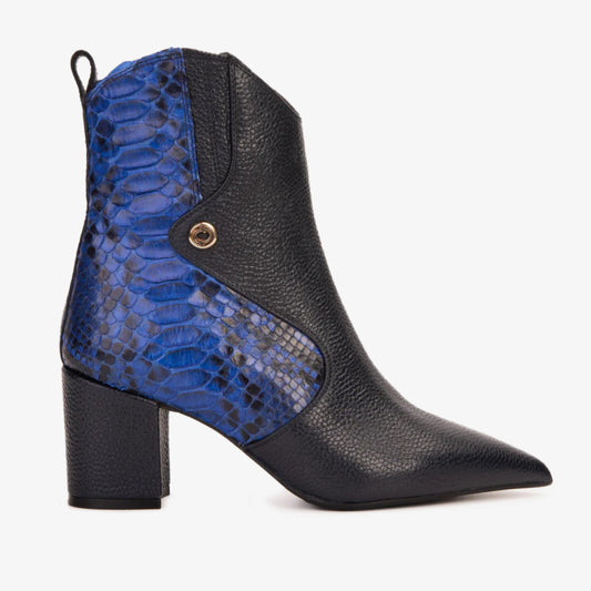 Bota de mujer con tacón de bloque de piel de pitón azul Saturn Sax