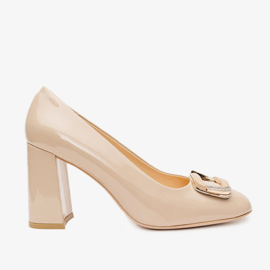 The Ferrara Cream Patent Leather Block Heel Pump Women Shoe