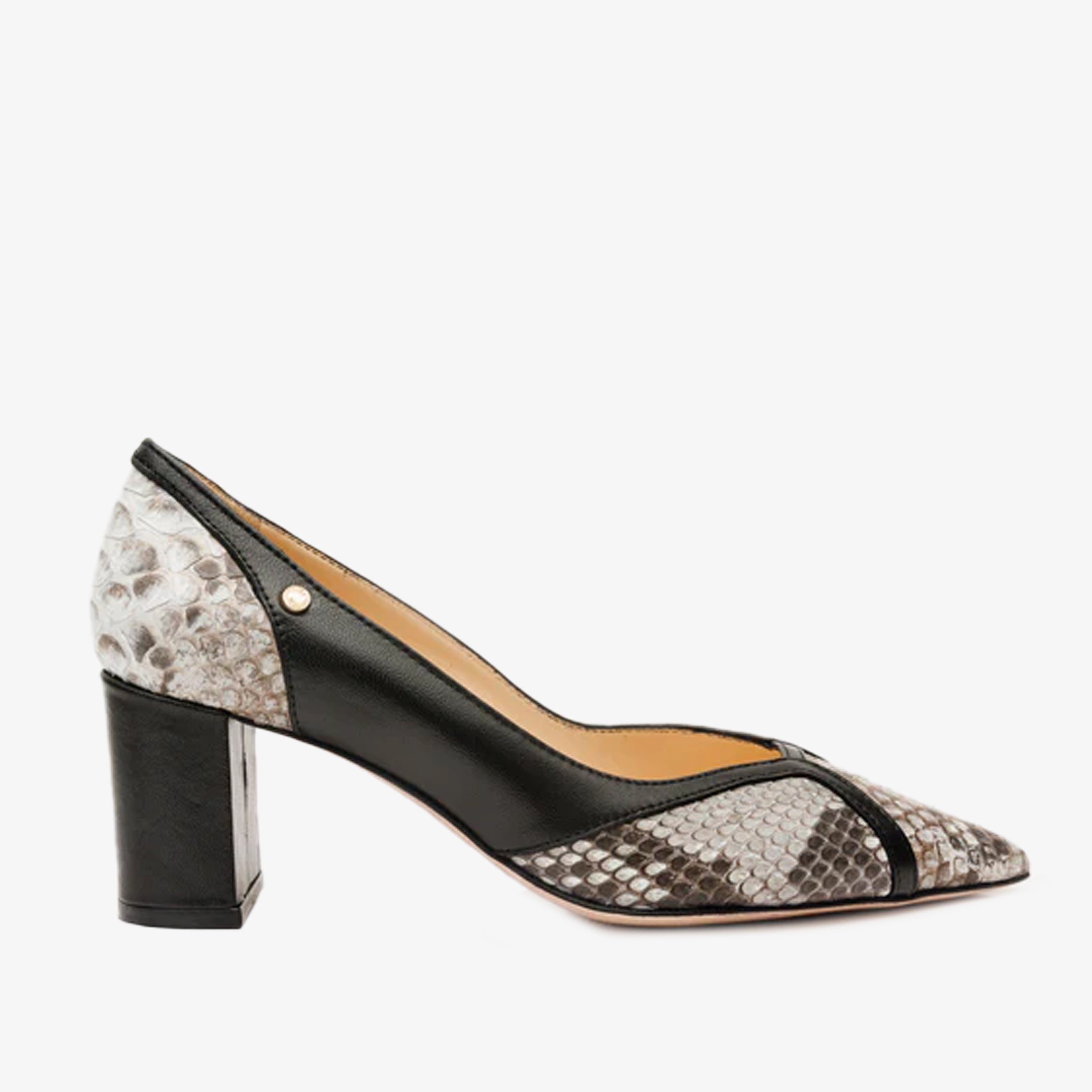 The Toskana Black & Natural Pythn Leather Block Heel Pump