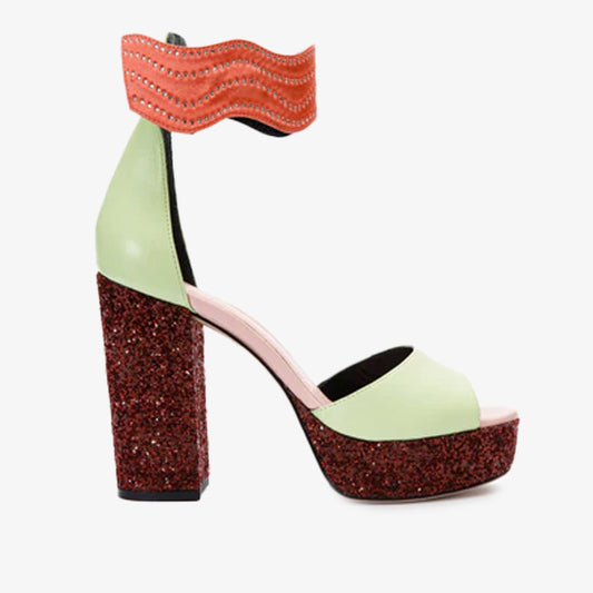 ¡Última venta de la sandalia de mujer Pera Multicolor Glitter con plataforma y tacón!