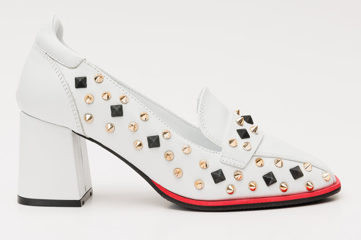 The Infanta White Spike Leather Block Heel Pump