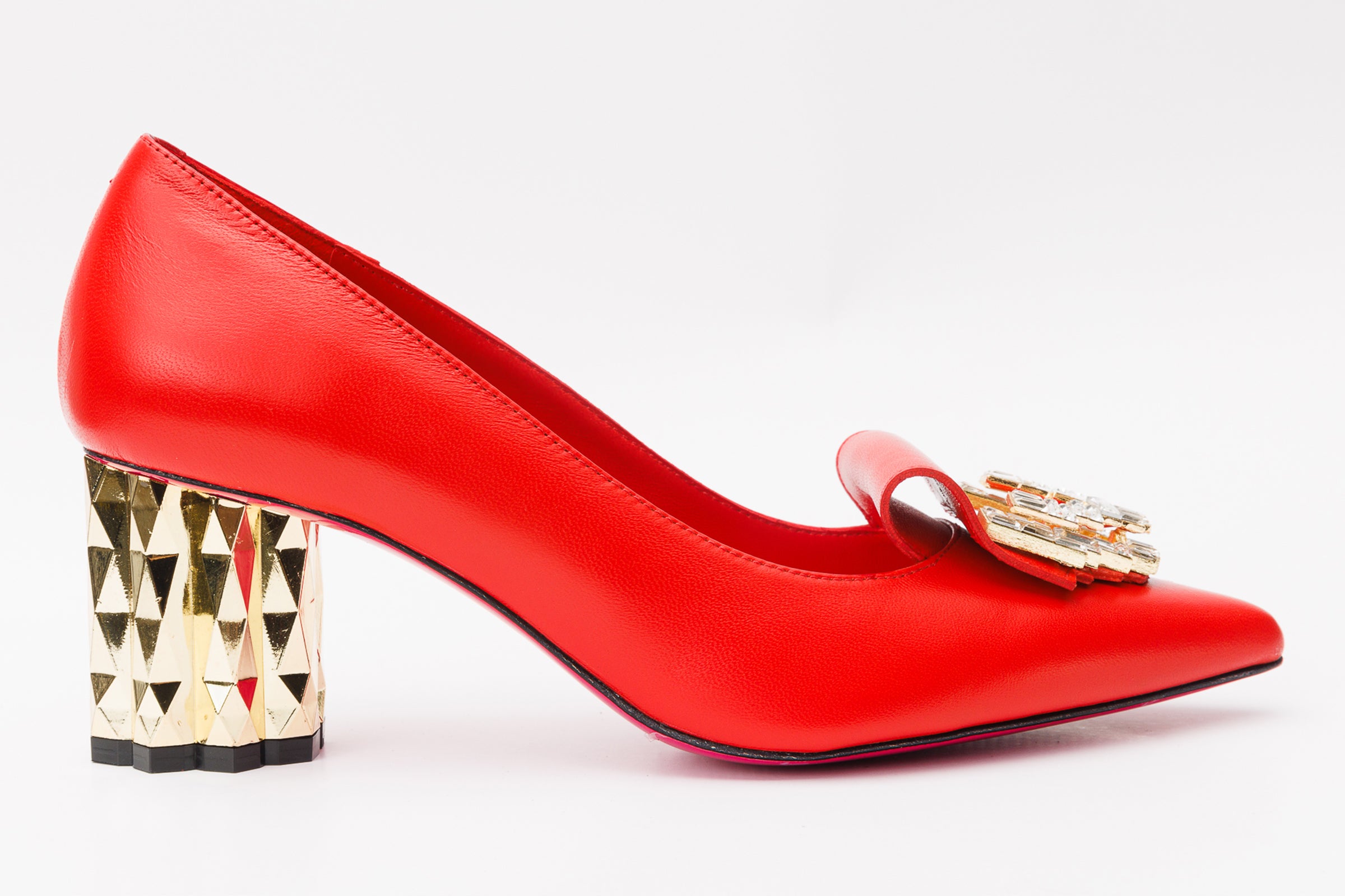 Saint Fayette Stone Studded Chain Red Satin Block Heels – SaintG India