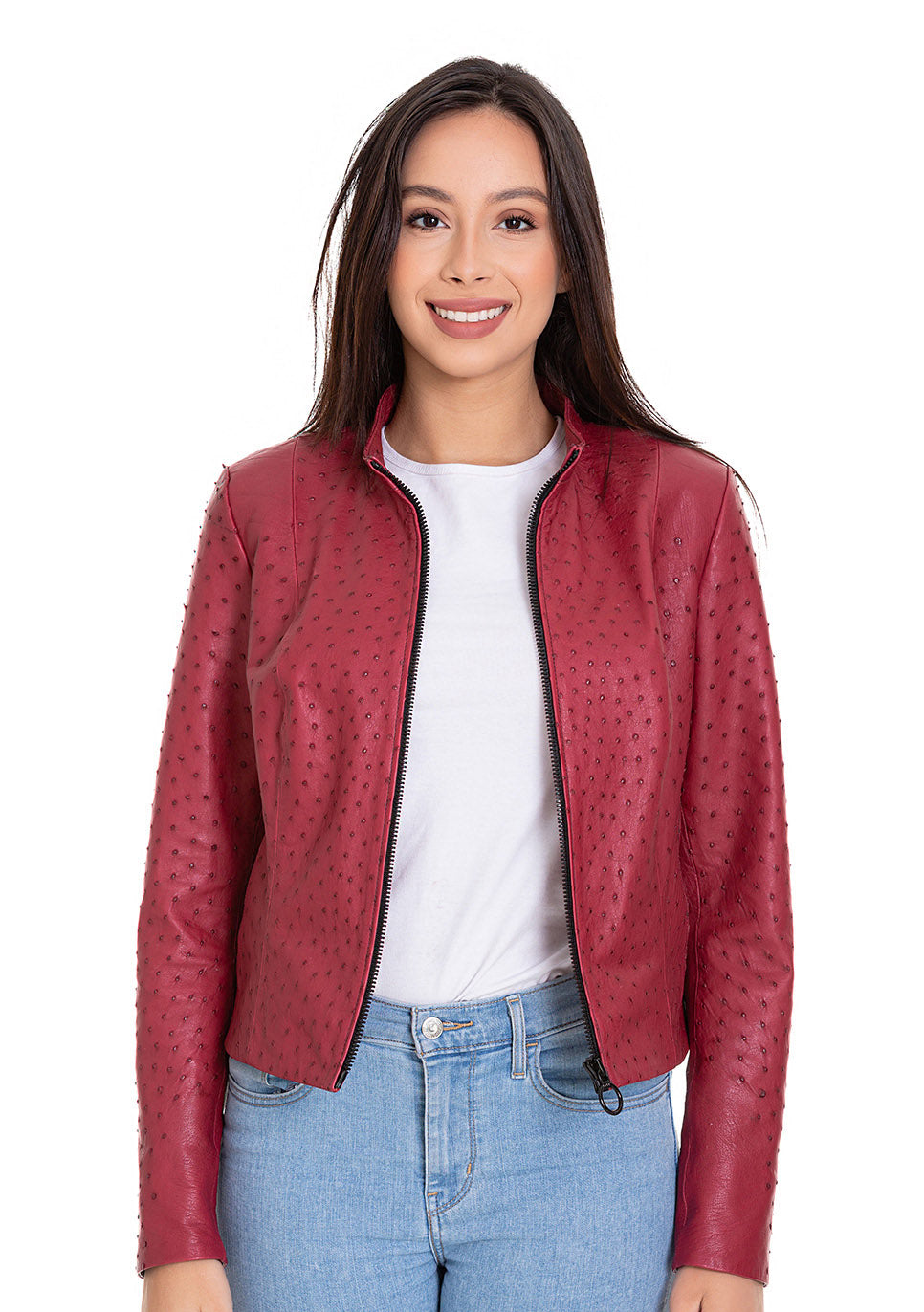 Chaqueta de piel de avestruz burdeos para mujer de Comly 