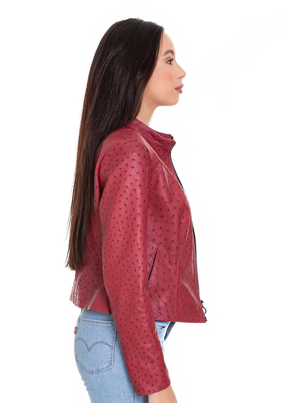 Chaqueta de piel de avestruz burdeos para mujer de Comly 