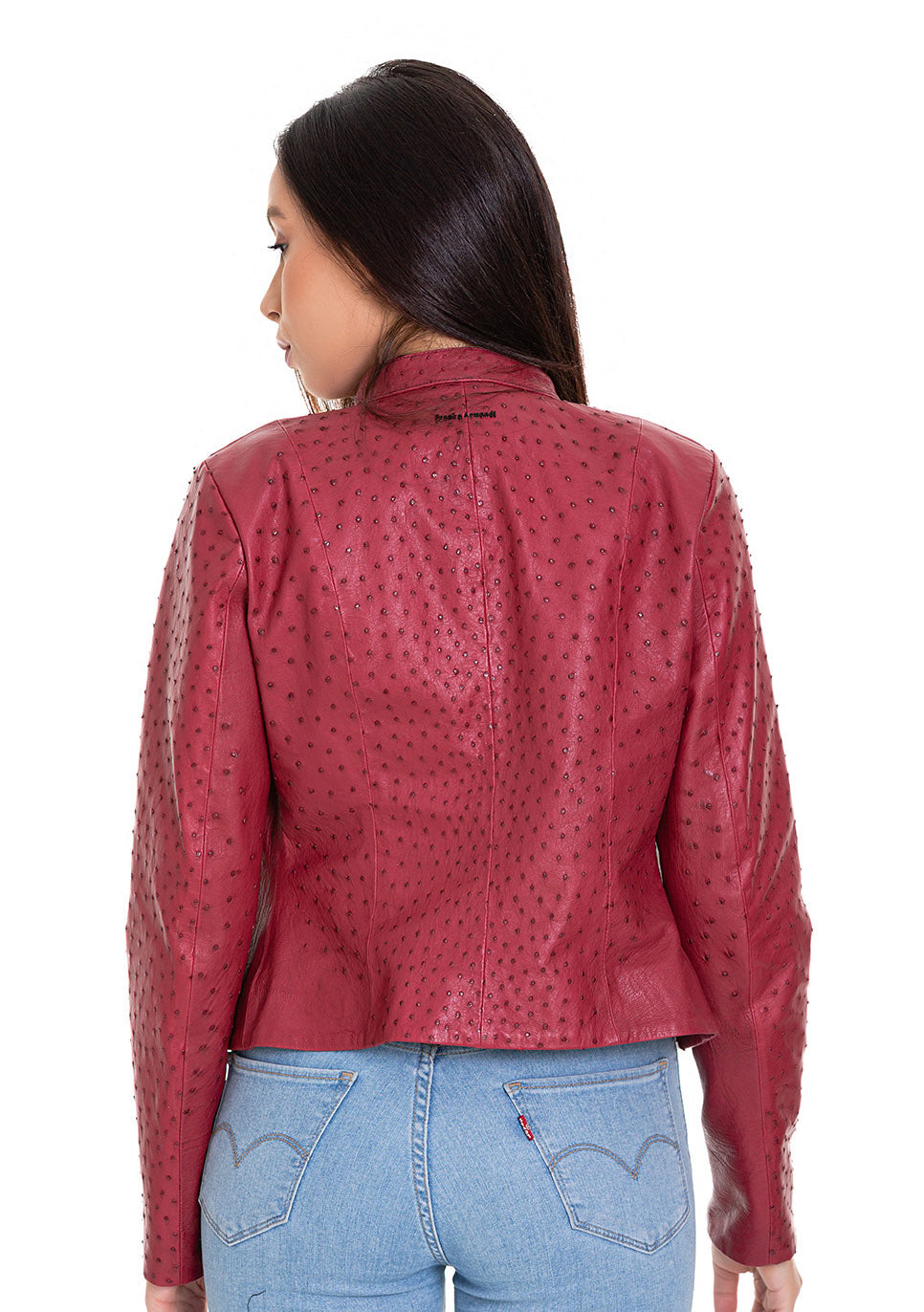 Chaqueta de piel de avestruz burdeos para mujer de Comly 