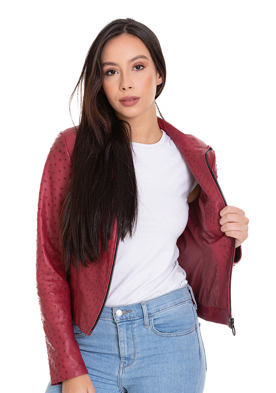 Chaqueta de piel de avestruz burdeos para mujer de Comly 
