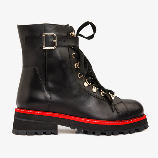 The Belgrano Black Leather Lace-Up Ankle Women Boot With a Side Zipper