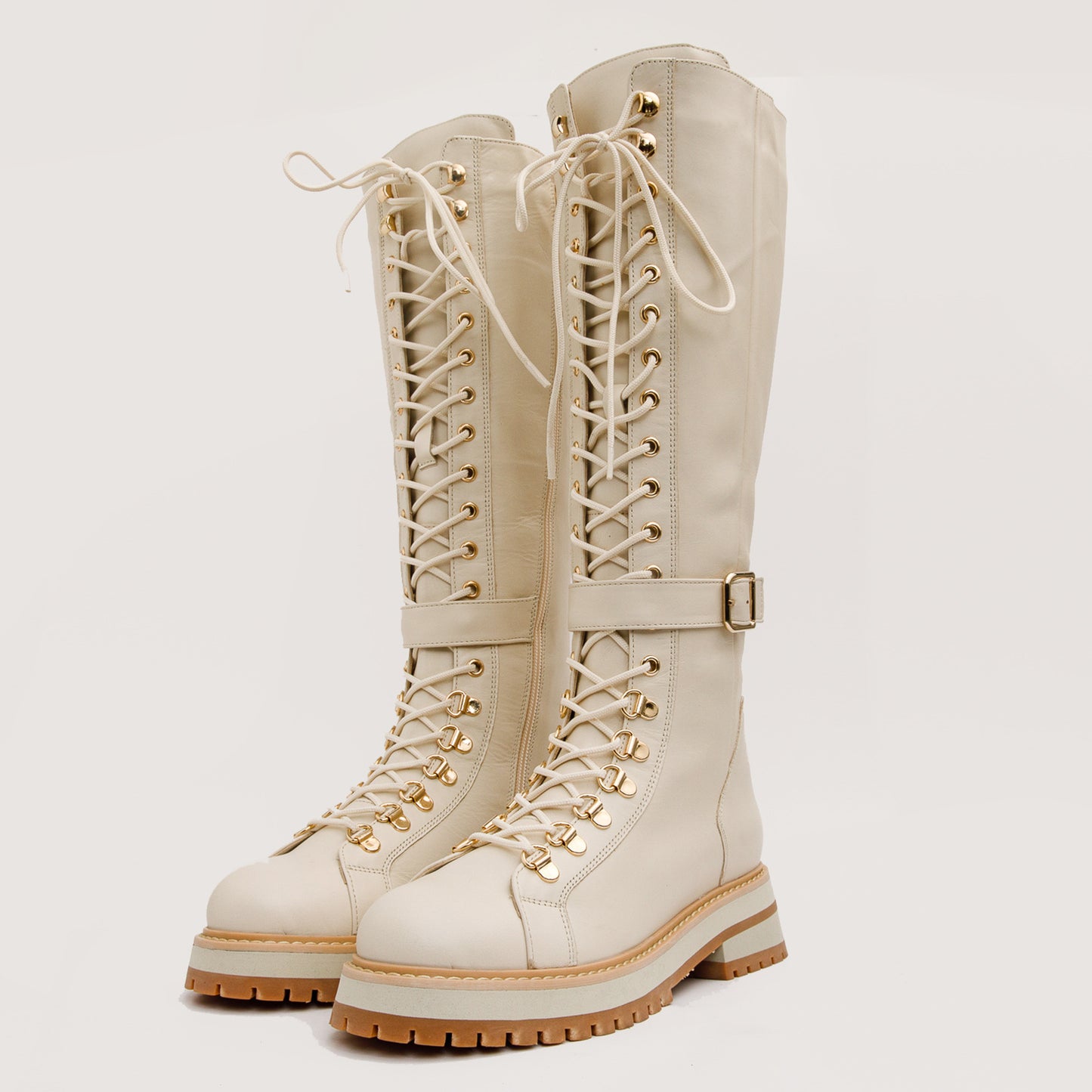 Bota hasta la rodilla con cordones de cuero color crema Istinye para mujer, edición limitada