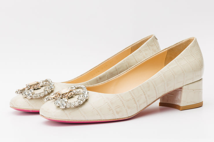 The Foggia Beige Leather Block Heel Pump