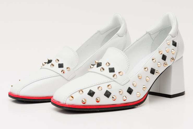 The Infanta White Spike Leather Block Heel Pump