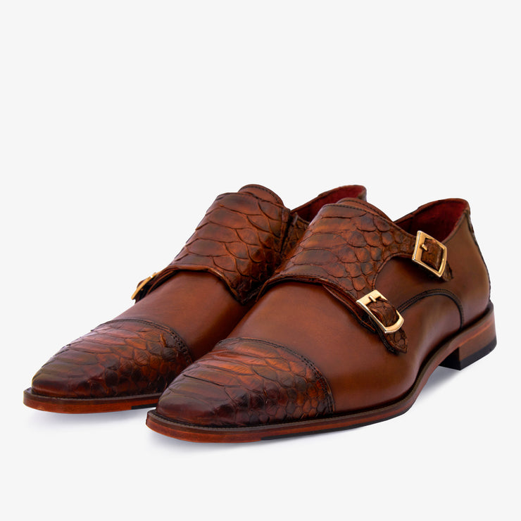 The Bishkek Tan Leather Cap Toe Double Monk Strap Shoe