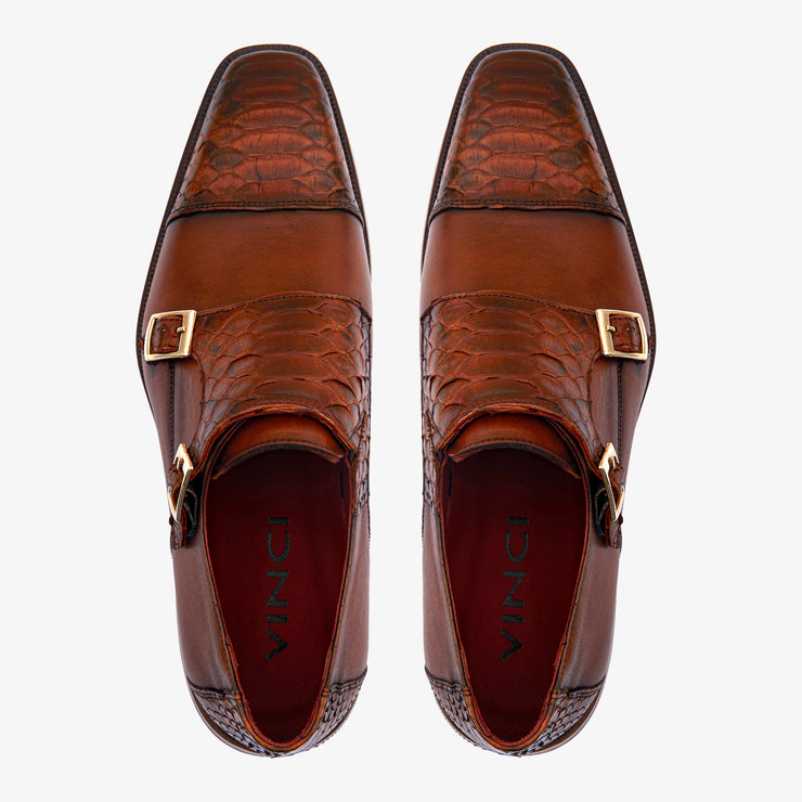 The Bishkek Tan Leather Cap Toe Double Monk Strap Shoe
