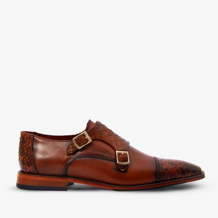 The Bishkek Tan Leather Cap Toe Double Monk Strap Shoe