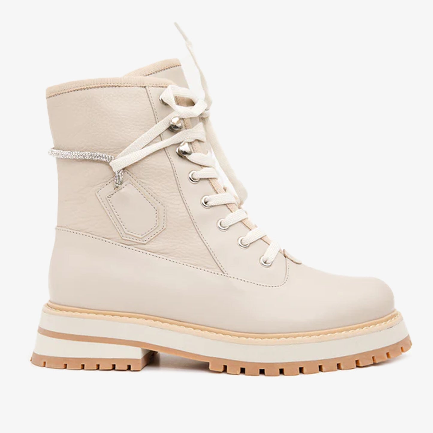 The Arata Cream Leather Lace-Up Ankle Women Boot With a Side Zipper