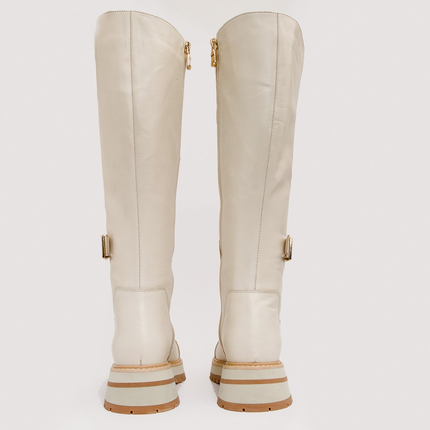 Bota hasta la rodilla con cordones de cuero color crema Istinye para mujer, edición limitada