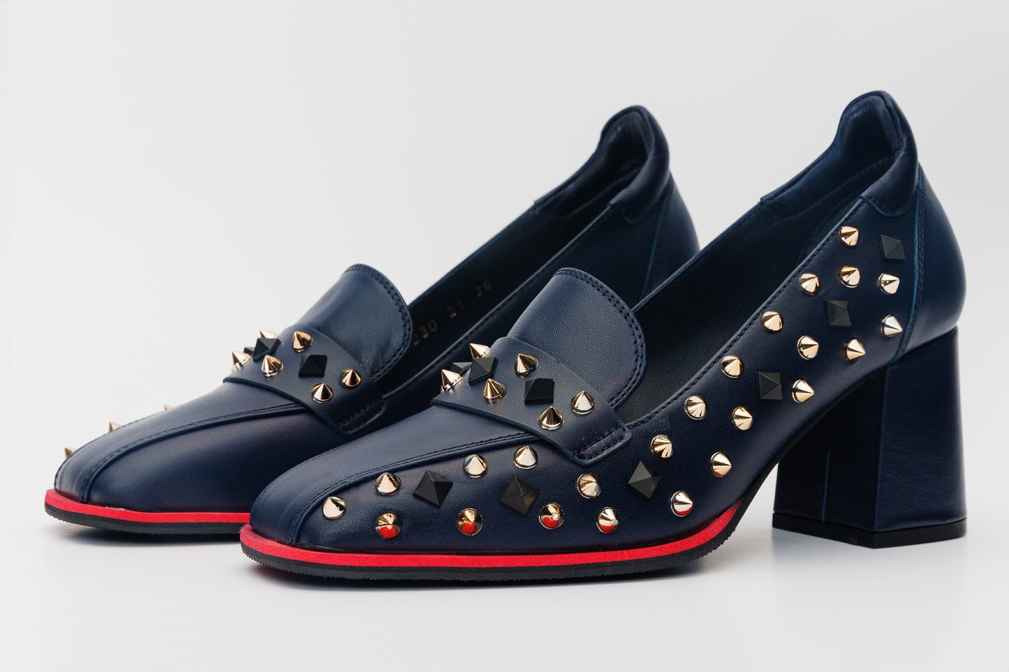 The Infanta Navy Blue Spike Leather Block Heel Pump Women Shoe