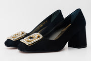 The California Black Suede Leather Block Heel Pump