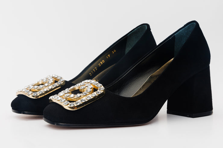 The California Black Suede Leather Block Heel Pump