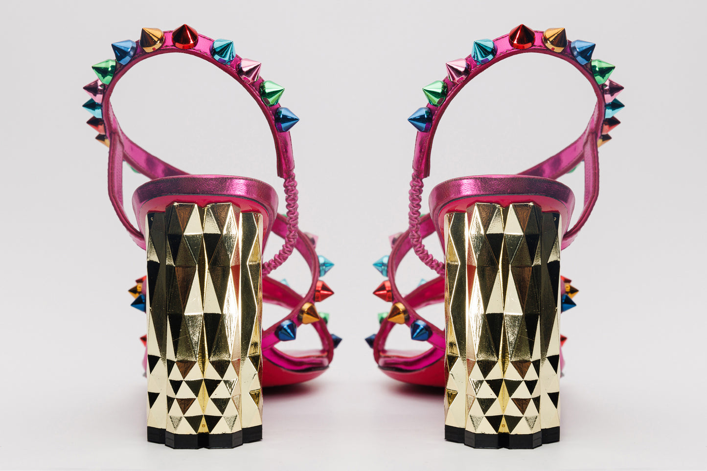 The Caris Fuchsia Block Heel Spike Leather Women Sandal