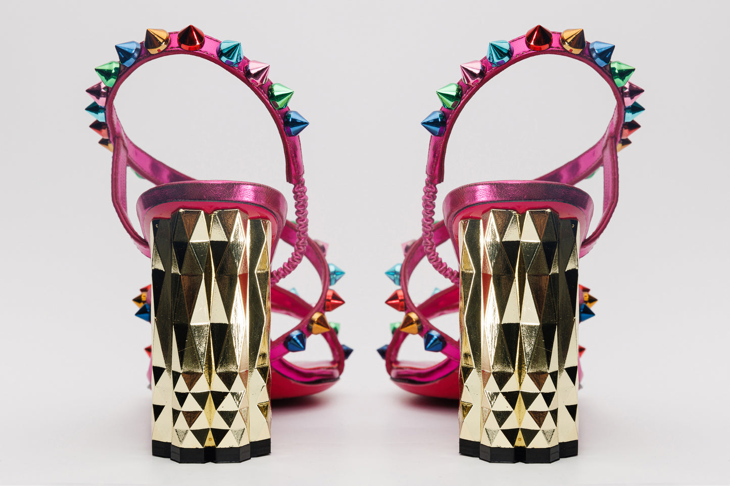 The Caris Fuchsia Block Heel Spike Leather Women Sandal