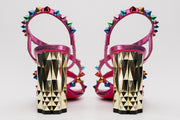 The Caris Fuchsia Block Heel Spike Leather Sandal