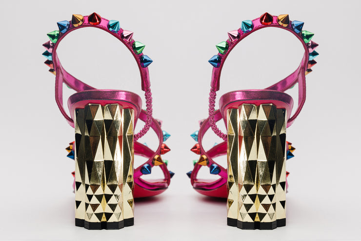 The Caris Fuchsia Block Heel Spike Leather Sandal