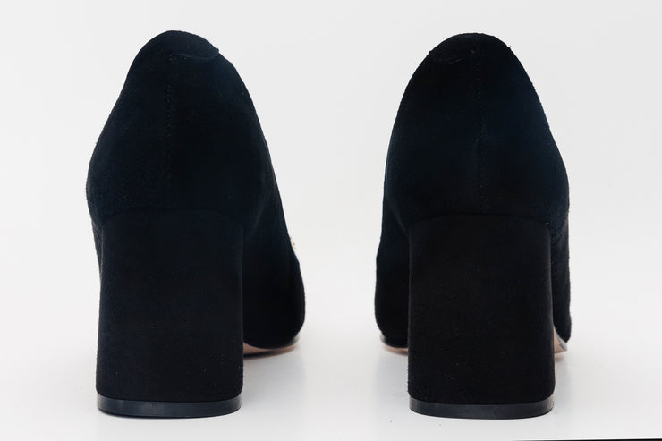 The California Black Suede Leather Block Heel Pump