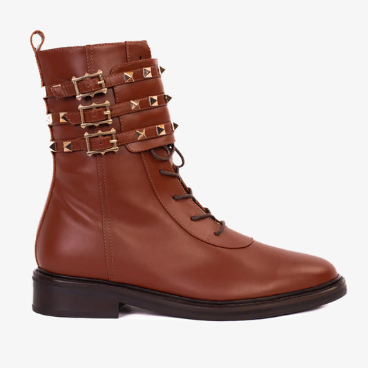 The Doncaster Brown Leather Lace-Up Mid Calf Women Boot With a Side Zipper