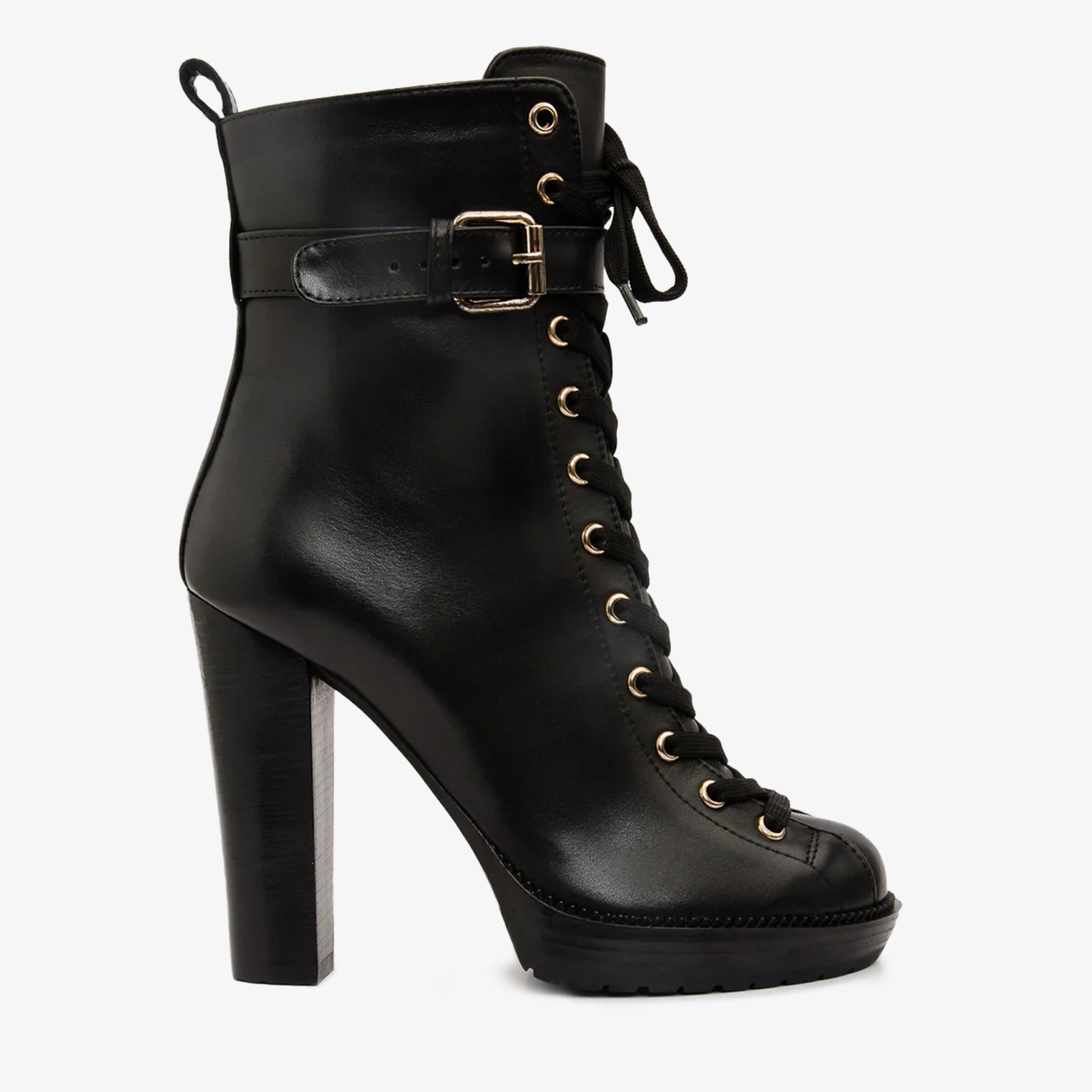 The Estrada Black Leather Lace-Up Platform Heel Mid Calf Women