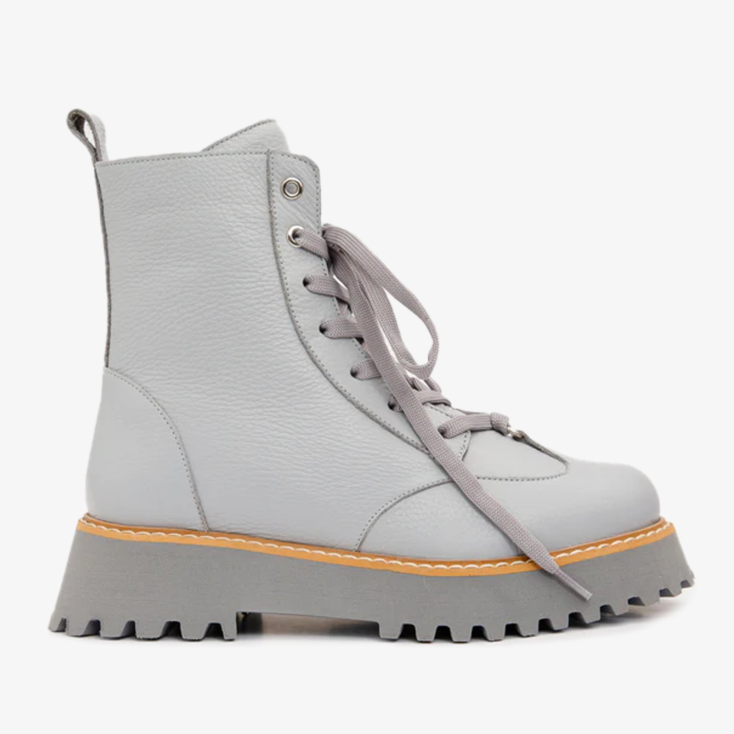 The Yildiz Grey Leather Lace-Up Ankle Women Boot With a Side Zipper