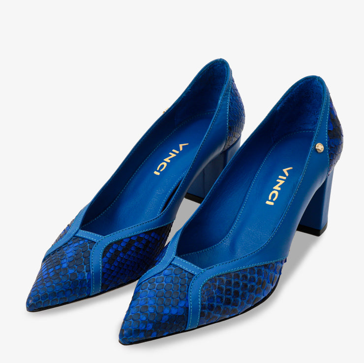 The Toskana Sax Blue Pythn Leather Block Heel Pump
