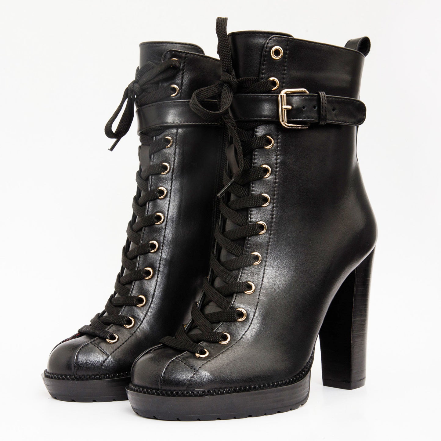 The Estrada Black Leather Lace-Up Platform Heel Mid Calf Women Boot