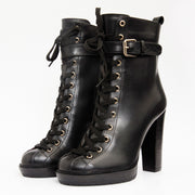The Estrada Black Leather Lace-Up Platform Heel Mid Calf Boot