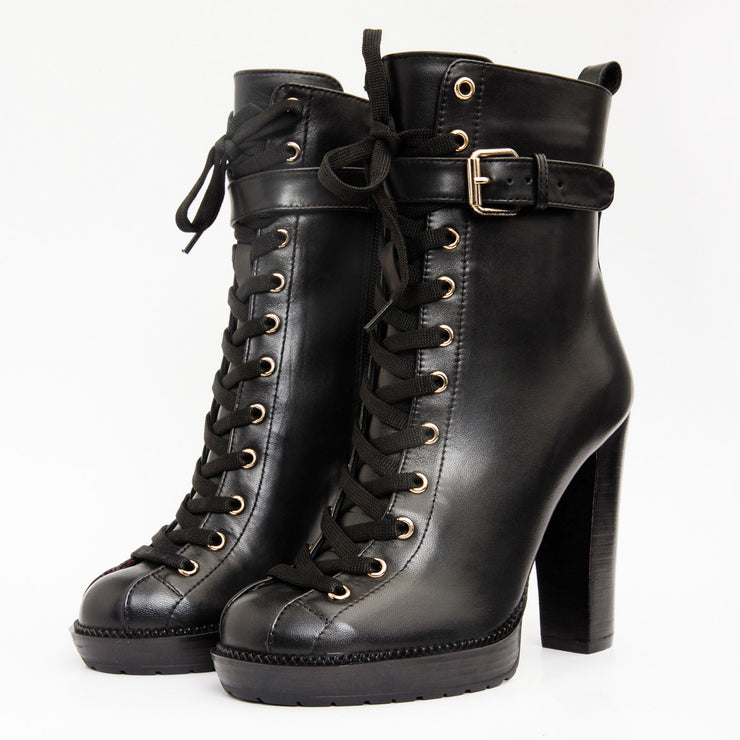 The Estrada Black Leather Lace-Up Platform Heel Mid Calf Boot