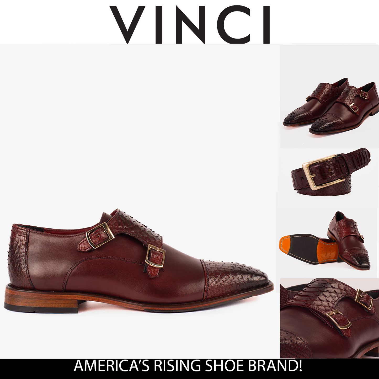 Zapato de hombre con doble hebilla y puntera de cuero burdeos Bishkek